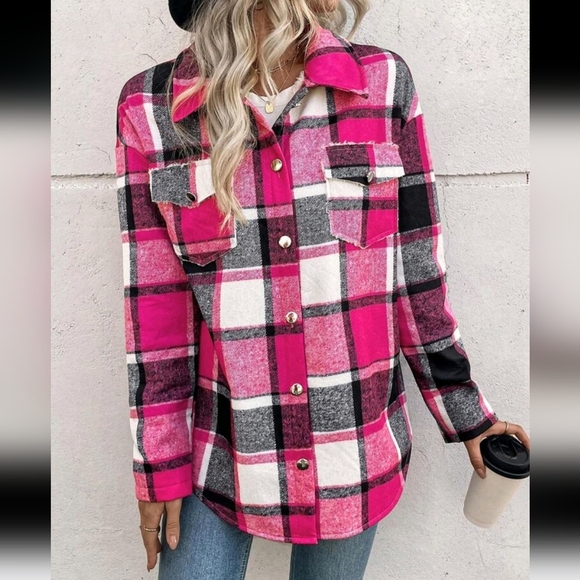 Women's Drop Shoulder Plaid Utility Pockets Casual Fleece Jacket For - Picture 1 of 5